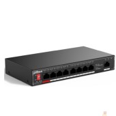 Коммутаторы DAHUA DH-SF1009P 9-портовый неуправляемый коммутатор с РоЕ, 8xRJ45 100Mb PoE, 1xRJ45 100Mb uplink, суммарно 96Вт, коммутация 1.8 Гбит/с, MAC-таблица 2K, металл