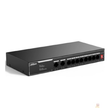 Коммутаторы DAHUA DH-SF1010LP 10-портовый неуправляемый коммутатор с РоЕ, 8xRJ45 100Mb PoE, 2xRJ45 100Mb uplink, суммарно 65Вт, коммутация 2 Гбит/с, MAC-таблица 2K, металл