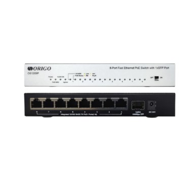 Сетевое оборудование ORIGO OS1209P/A1A Неуправляемый PoE-коммутатор 8x100Base-TX PoE+, 1x1000Base-X SFP, PoE-бюджет 80 Вт, корпус металл