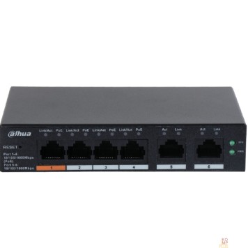 Коммутаторы DAHUA DH-CS4006-4GT-60 4-портовый гигабитный PoE коммутатор с функцией облачного управления, 4xRJ45 100Mb, 2xRJ45 1Gb uplink, суммарно 60Вт, коммутация 12Гбит/с, МАС-таблица 8К-2