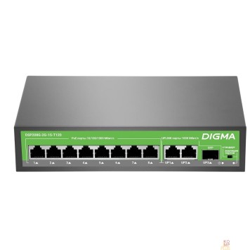 Сетевое оборудование Digma DSP208G-2G-1S-T120 Коммутатор (L2) 10х1Гбит/с 1SFP 8PoE 8PoE+ 120W неуправляемый