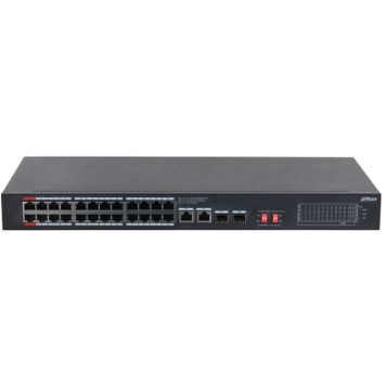 Коммутаторы DAHUA DH-S3228-24GT-240 24-портовый неуправляемый гигабитный коммутатор с PoE; 24xRJ45 1G (PoE/PoE+/Hi-PoE), 2xRJ45 1G (uplink), 2xSFP 1G (uplink); суммарно 240Вт;watchdog;грозозащита;питание 100-240V-1