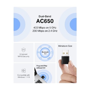 Mercusys MA20NB Сверхкомпактный USB-адаптер с поддержкой Wi-Fi AC650 и Bluetooth-2