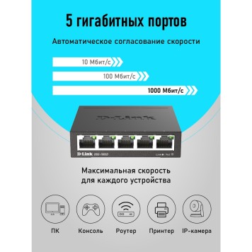 Сетевое оборудование D-Link DGS-1005D/R1A Неуправляемый коммутатор с 5 портами 10/100/1000Base-T-1